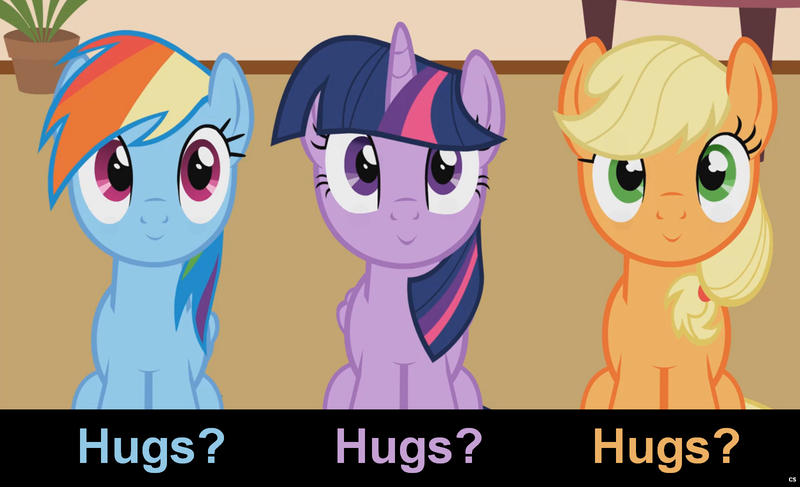 Size: 1600x973 | Tagged: safe, artist:forgalorga, derpibooru import, edit, edited screencap, screencap, applejack, rainbow dash, twilight sparkle, twilight sparkle (alicorn), alicorn, earth pony, pegasus, pony, :>, bronybait, caption, cs captions, cute, dashabetes, female, hatless, hug request, hugs needed, inverted mouth, jackabetes, looking at you, looking up, mare, missing accessory, sitting, smiling, sweet dreams fuel, twiabetes, your little pets