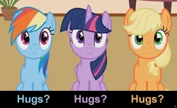 Size: 1600x973 | Tagged: safe, artist:forgalorga, derpibooru import, edit, edited screencap, screencap, applejack, rainbow dash, twilight sparkle, twilight sparkle (alicorn), alicorn, earth pony, pegasus, pony, :>, bronybait, caption, cs captions, cute, dashabetes, female, hatless, hug request, hugs needed, inverted mouth, jackabetes, looking at you, looking up, mare, missing accessory, sitting, smiling, sweet dreams fuel, twiabetes, your little pets