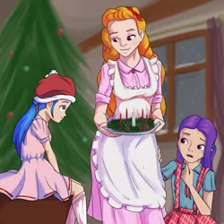 Size: 1024x1024 | Tagged: adagio dazzle, advent wreath, alternate universe, aria blaze, artist:ohohokapi, beautiful, candle, christmas, christmas tree, clothes, cute, derpibooru import, dress, housewife, human, humanized, loose hair, mamadagio, mother, older, pigtails, ponytail, safe, skirt, smiling, snow, sonata dusk, suspenders, tree, wreath, younger