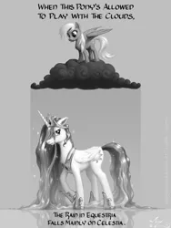 Size: 1200x1600 | Tagged: safe, artist:amarynceus, deleted from derpibooru, derpibooru import, derpy hooves, princess celestia, alicorn, pegasus, pony, chest fluff, cloud, cutie mark, duo, female, fluffy, gray background, grayscale, hooves, horn, mare, monochrome, on a cloud, raincloud, rhyme, simple background, spread wings, standing on cloud, this will end in tears and/or a journey to the moon, tongue out, unamused, wet, wet mane, wings