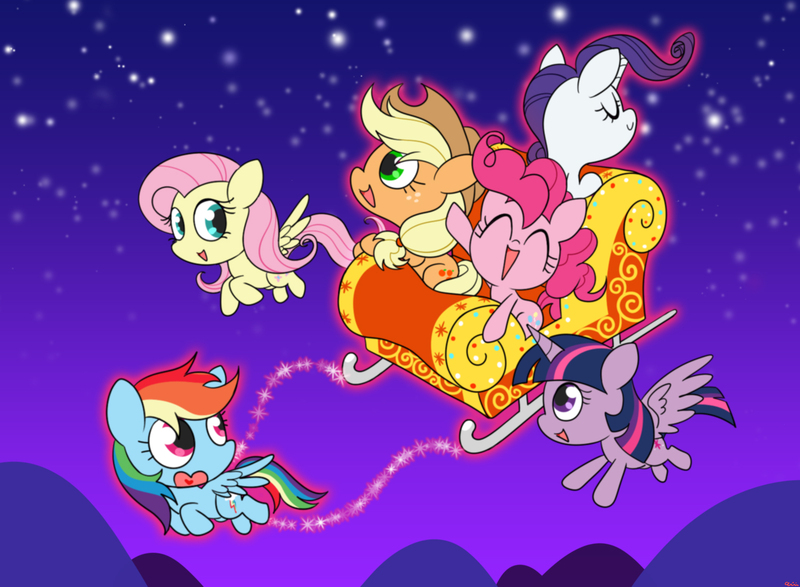 Size: 1500x1100 | Tagged: safe, artist:jgu112, derpibooru import, applejack, fluttershy, pinkie pie, rainbow dash, rarity, twilight sparkle, twilight sparkle (alicorn), alicorn, pony, christmas, flying, mane six, night, sleigh