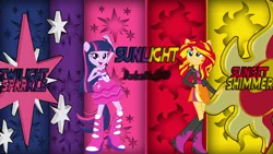 Size: 1280x720 | Tagged: safe, artist:darkaxwolf360, derpibooru import, sunset shimmer, twilight sparkle, equestria girls, boots, cutie mark, fall formal outfits, female, high heel boots, lesbian, shipping, sunsetsparkle, wallpaper