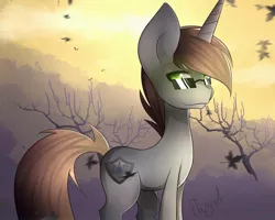 Size: 2048x1638 | Tagged: safe, artist:lyapustk, derpibooru import, oc, oc:order compulsive, unofficial characters only, pony, unicorn, autumn, commission, dead tree, leaves, signature, solo, sunglasses, sunlight, tree