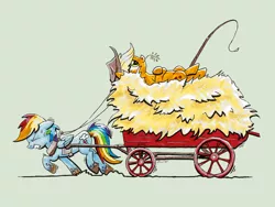 Size: 1024x768 | Tagged: applejack, artist:modecom1, derpibooru import, effort, hay, horse collar, mud, muddy, muddy hooves, pony pulls the wagon, pulling, rainbow dash, role reversal, safe, straining, wagon, whip