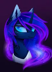 Size: 1600x2200 | Tagged: safe, artist:magnaluna, derpibooru import, princess luna, pony, beautiful, color porn, colored pupils, curved horn, ear fluff, female, galaxy mane, looking at you, mare, missing accessory, simple background, smiling, solo, wingding eyes