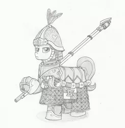 Size: 1856x1896 | Tagged: safe, artist:sensko, derpibooru import, oc, unofficial characters only, earth pony, pony, armor, grayscale, monochrome, pencil drawing, pike, saber, simple background, solo, traditional art, twilight's royal guard, weapon, white background