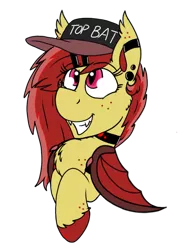 Size: 960x1280 | Tagged: safe, artist:emz2015, derpibooru import, oc, oc:ruby splash, unofficial characters only, bat pony, pony, cap, chest fluff, choker, ear piercing, earring, freckles, grin, hairclip, hat, jewelry, looking up, piercing, smiling, solo, top bat, top gun hat, unshorn fetlocks