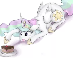 Size: 1500x1200 | Tagged: safe, artist:buttersprinkle, derpibooru import, princess celestia, alicorn, pony, :p, behaving like a cat, cake, cakelestia, catlestia, cute, cutelestia, eyes on the prize, female, floppy ears, food, hunting, mare, plate, prone, sillestia, silly, silly pony, simple background, smiling, solo, tongue out, white background