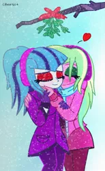 Size: 1121x1825 | Tagged: safe, artist:cbear624, derpibooru import, lemon zest, sonata dusk, equestria girls, female, kiss on the cheek, kissing, lemonata, lesbian, mistletoe, shipping, snow, snowfall