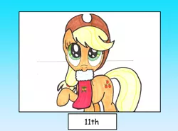 Size: 2813x2083 | Tagged: safe, artist:bbqninja501st, derpibooru import, applejack, pony, advent calendar, christmas stocking, clothes, cute, jackabetes, looking up, mouth hold, raised hoof, solo, traditional art