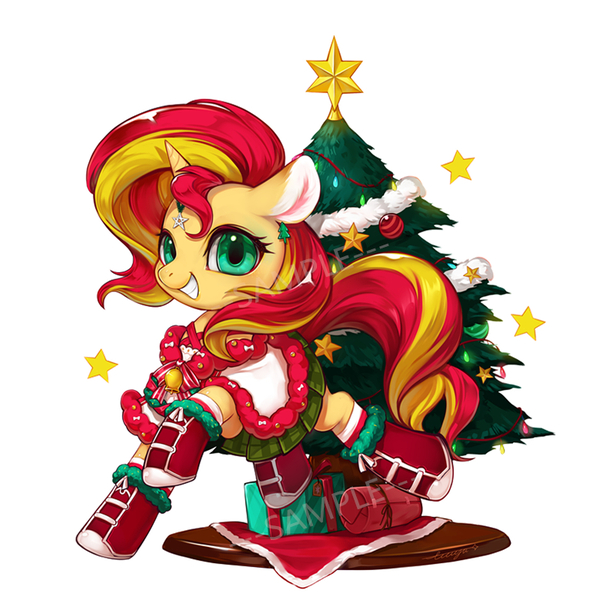 Size: 780x780 | Tagged: safe, artist:ciciya, derpibooru import, sunset shimmer, pony, boots, christmas tree, cloak, clothes, cute, grin, hoof boots, plaid, pleated skirt, present, simple background, skirt, smiling, socks, solo, striped socks, tree, watermark