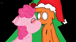 Size: 903x495 | Tagged: artist:sansisk, blushing, blushing profusely, bonding, christmas, crossover, crossover shipping, derpibooru import, embarrassed, eyes closed, female, hat, heartwarming, kissing, love, male, missing accessory, missing hat, mistletoe, pinker, pinkie pie, romantic, safe, santa hat, shipping, straight, surprise kiss, together forever, wander over yonder, wander (wander over yonder), wide eyes