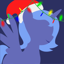 Size: 795x800 | Tagged: safe, artist:arifproject, derpibooru import, edit, part of a set, princess luna, alicorn, pony, animated, arif's christmas pones, beautiful, blank flank, blue background, christmas lights, cute, derpibooru background pony icon, female, filly, foal, garland, gif, happy, hat, horn, lights, lineless, minimalist, s1 luna, santa hat, santa woona, simple background, smiling, solo, spread wings, wings, woona, younger