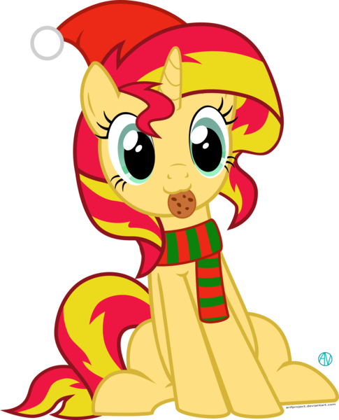 Size: 1803x2231 | Tagged: safe, artist:arifproject, derpibooru import, edit, vector edit, sunset shimmer, pony, unicorn, :3, cap, christmas, clothes, cookie, cute, food, hat, holiday, horn, meme, mouth hold, santa hat, scarf, shimmerbetes, simple background, sitting, sitting catface meme, smiling, solo, transparent background, vector