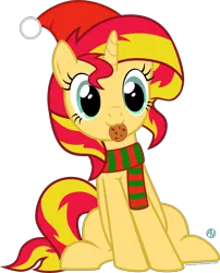 Size: 1803x2231 | Tagged: safe, artist:arifproject, derpibooru import, edit, vector edit, sunset shimmer, pony, unicorn, :3, cap, christmas, clothes, cookie, cute, food, hat, holiday, horn, meme, mouth hold, santa hat, scarf, shimmerbetes, simple background, sitting, sitting catface meme, smiling, solo, transparent background, vector