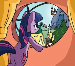Size: 530x467 | Tagged: safe, artist:manulis, derpibooru import, twilight sparkle, pony, unicorn, bipedal, canterlot, curtains, female, golden oaks library, homesick, looking away, looking up, mare, ponyville, sad, solo, window