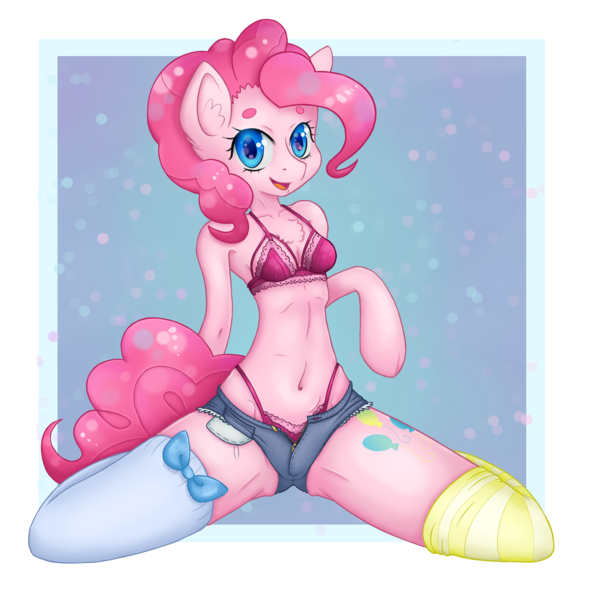 Size: 1750x1783 | Tagged: anthro, arm hooves, artist:mailinya, belly button, bra, breasts, cleavage, clothes, derpibooru import, female, frilly underwear, looking at you, mismatched socks, open fly, open mouth, panties, pinkie pie, pink underwear, socks, solo, solo female, striped socks, suggestive, thong, underwear, unguligrade anthro