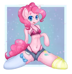 Size: 1750x1783 | Tagged: anthro, arm hooves, artist:mailinya, belly button, bra, breasts, cleavage, clothes, derpibooru import, female, frilly underwear, looking at you, mismatched socks, open fly, open mouth, panties, pinkie pie, pink underwear, socks, solo, solo female, striped socks, suggestive, thong, underwear, unguligrade anthro