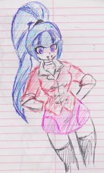 Size: 672x1120 | Tagged: safe, artist:orochivanus, derpibooru import, sonata dusk, equestria girls, clothes, lined paper, ponytail, skirt, socks, solo, thigh highs, traditional art, zettai ryouiki