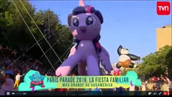 Size: 1366x768 | Tagged: safe, derpibooru import, twilight sparkle, twilight sparkle (alicorn), alicorn, pony, chile, giant pony, inflatable, irl, kung fu panda, latin american, macro, parade, parade balloon, paris parade, photo