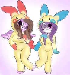 Size: 1280x1381 | Tagged: safe, artist:wickedsilly, derpibooru import, oc, oc:ivy rose, oc:wicked silly, unofficial characters only, anthro, minun, pegasus, plusle, unguligrade anthro, unicorn, anthro oc, clothes, costume, cute, duo, duo female, female, kigurumi, looking at you, ocbetes, one eye closed, pokémon, ponysona, wink