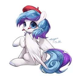 Size: 780x780 | Tagged: safe, artist:ciciya, derpibooru import, oc, unofficial characters only, pegasus, pony, beret, looking at you, mouth hold, paintbrush, raised hoof, simple background, sitting, smiling, solo, spread wings, watermark, white background