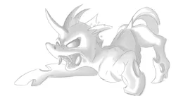 Size: 1280x698 | Tagged: artist:mongol, changeling, derpibooru import, fangs, grayscale, growling, monochrome, open mouth, safe, simple background, solo, white background