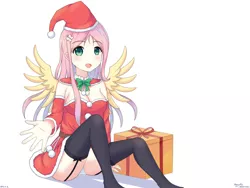 Size: 900x675 | Tagged: suggestive, artist:vanillafox2035, derpibooru import, fluttershy, human, breasts, busty fluttershy, cleavage, clothes, costume, cute, female, garter belt, humanized, looking at you, panties, present, santa costume, shyabetes, skirt, solo, solo female, underwear, upskirt, white underwear