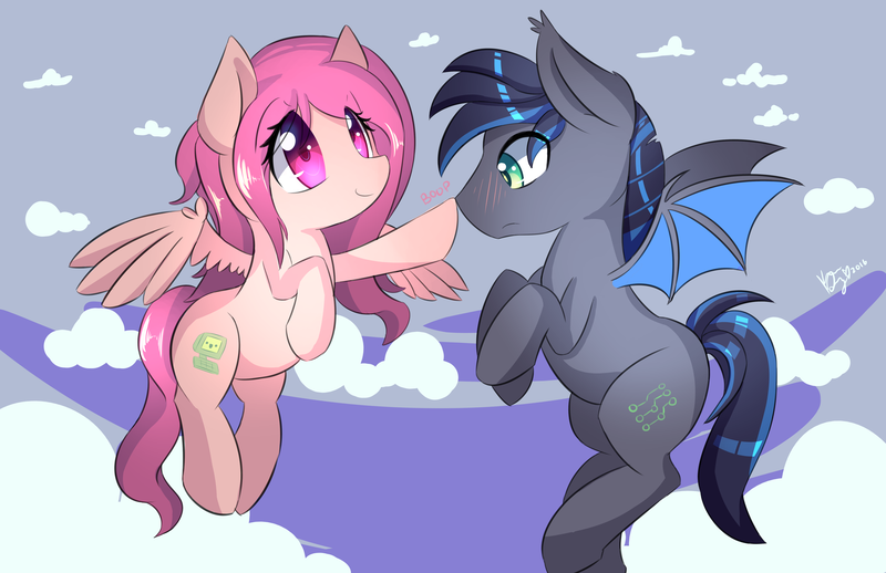 Size: 5950x3850 | Tagged: safe, artist:kawaiipony2, derpibooru import, oc, oc:midnight aegis, oc:peach hack, unofficial characters only, bat pony, pegasus, pony, absurd resolution, blushing, boop, cute, descriptive noise, floating, lidded eyes, meme, noseboop, peagis