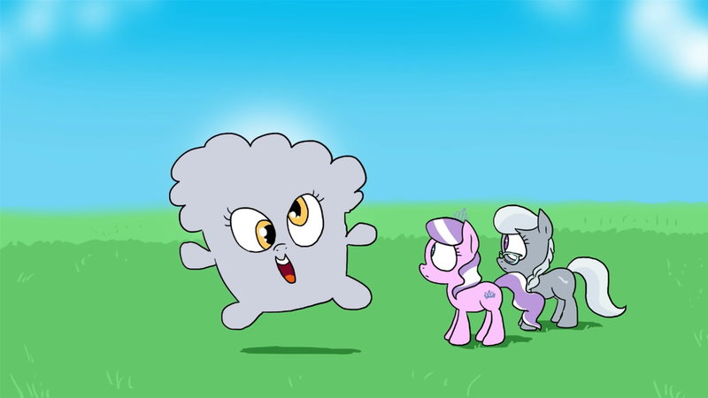 Size: 1366x768 | Tagged: safe, artist:doublewbrothers, derpibooru import, derpy hooves, diamond tiara, silver spoon, pegasus, pony, animated at source, creative solution, female, happy, mare, morphing, muffin, open mouth, that pony sure does love muffins, wat