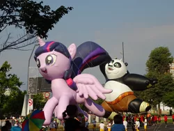 Size: 1440x1080 | Tagged: safe, derpibooru import, twilight sparkle, twilight sparkle (alicorn), alicorn, pony, balloon, chile, giant pony, irl, kung fu panda, macro, master po, parade, parade balloon, paris parade, photo