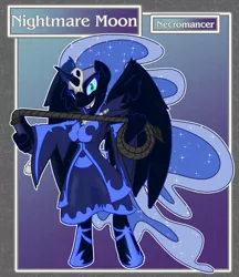 Size: 1688x1950 | Tagged: anthro, artist:brownie-bytes, crossover, derpibooru import, evil grin, final fantasy, grin, looking at you, necromancer, nightmare moon, safe, smiling, solo, spread wings, unguligrade anthro, whip