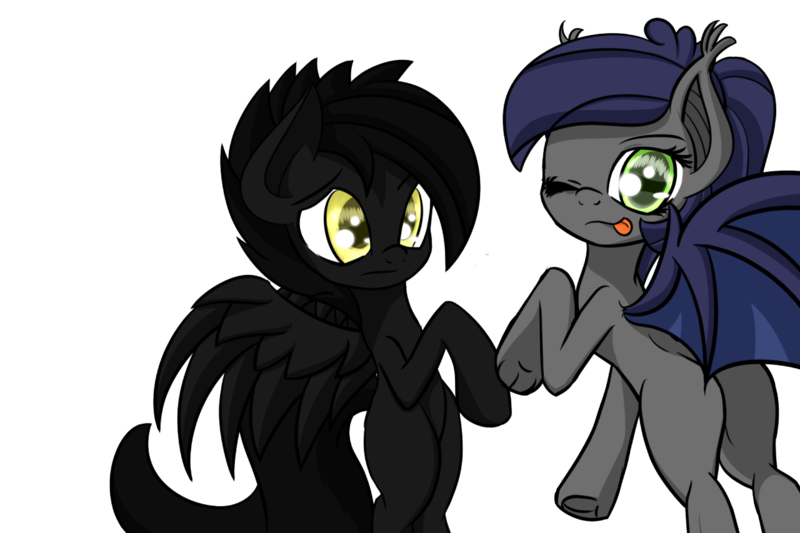 Size: 1280x853 | Tagged: safe, artist:an-m, derpibooru import, oc, oc:frostbite, oc:shadowmoon, unofficial characters only, bat pony, pony, one eye closed, plot, underhoof, wink