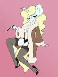 Size: 1000x1328 | Tagged: suggestive, artist:sweetfilthyfun, derpibooru import, oc, oc:blanca, unofficial characters only, anthro, plantigrade anthro, unicorn, cigarette, cigarette holder, clothes, female, fur coat, garter belt, high heels, lingerie, smoke, socks, solo, solo female, stockings, thigh highs