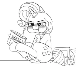 Size: 1280x1143 | Tagged: safe, artist:pabbley, derpibooru import, rarity, pony, unicorn, chest fluff, comfort eating, crying, eating, female, food, frown, grayscale, ice cream, levitation, magic, mare, marshmelodrama, monochrome, simple background, sitting, solo, telekinesis, white background