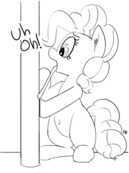 Size: 1280x1715 | Tagged: safe, artist:pabbley, derpibooru import, pinkie pie, a christmas story, belly button, cute, diapinkes, monochrome, parody, simple background, solo, stuck, tongue out, tongue stuck to pole, white background