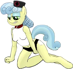 Size: 1672x1580 | Tagged: suggestive, artist:smudge proof, derpibooru import, edit, nurse coldheart, nurse snowheart, anthro, earth pony, unguligrade anthro, belly button, black underwear, clothes, collar, cropped, eyeshadow, female, kneeling, makeup, mare, panties, short shirt, simple background, smiling, solo, solo female, transparent background, underwear, vector