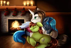 Size: 2717x1824 | Tagged: safe, artist:pridark, derpibooru import, changeling queen oc, oc, oc:analogue, oc:light landstrider, oc:rescue pony, unofficial characters only, changeling, changeling queen, earth pony, pony, unicorn, blue changeling, candle, changeling oc, christmas stocking, commission, eyes closed, female, fire, fireplace, pony pillow, signature, sleeping, underhoof