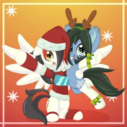 Size: 1280x1280 | Tagged: safe, artist:an-m, artist:konce11, derpibooru import, oc, oc:reflect decrypt, oc:reidy, unofficial characters only, earth pony, pegasus, pony, bells, christmas, christmas stocking, clothes, glasses, looking at you, socks