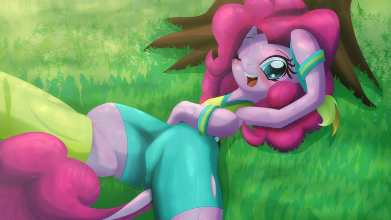 Size: 1280x720 | Tagged: artist:an-m, cameltoe, clothes, derpibooru import, dock, female, grass, headband, leg warmers, looking at you, pinkie pie, questionable, ripped pants, shorts, solo, solo female, sweat, tree, wristband