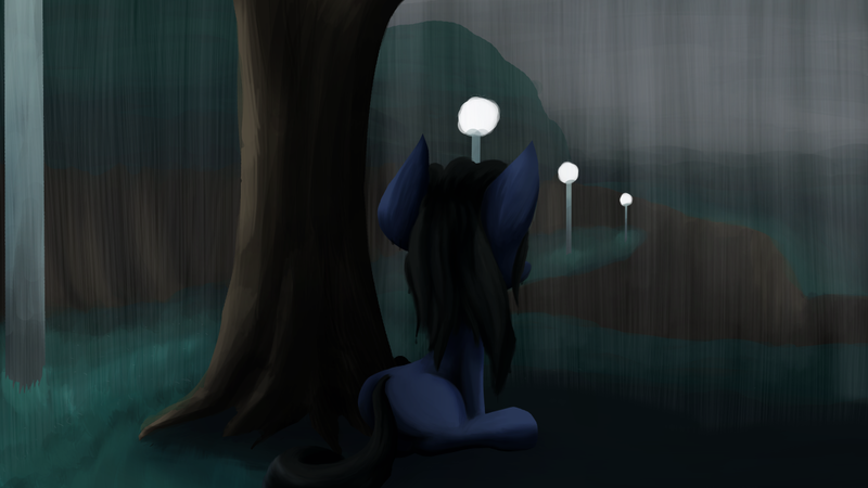 Size: 1280x720 | Tagged: safe, artist:an-m, derpibooru import, oc, oc:abstract module, unofficial characters only, earth pony, pony, blank flank, grass, plot, rain, solo, tree, wet, wet mane