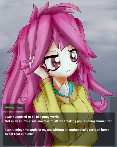 Size: 1280x1600 | Tagged: questionable, artist:an-m, derpibooru import, fluttershy, oc, oc:anon, bat pony, human, alternate hairstyle, breasts, colored pupils, confused, dialogue, female, flutterbat, gradient background, humanized, messy hair, meta, race swap, solo, solo female, text, visual novel, vulgar