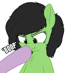 Size: 2071x2232 | Tagged: safe, artist:smoldix, derpibooru import, twilight sparkle, oc, oc:anon, oc:anonfilly, boop, bust, caption, chest fluff, cross-eyed, ear fluff, female, implied twilight sparkle, nose wrinkle, offscreen character, scrunchy face, simple background, solo focus, :t, transparent background