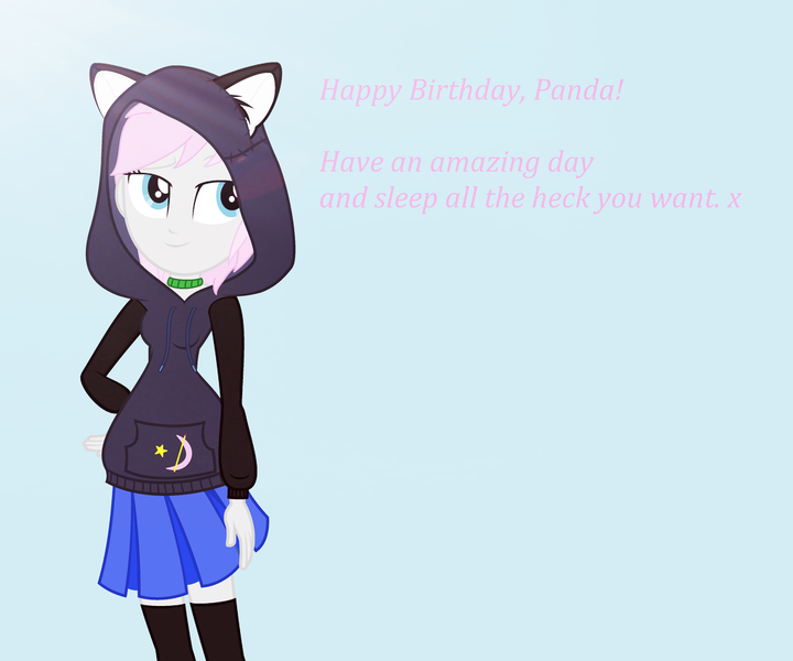 Size: 1024x853 | Tagged: safe, derpibooru import, oc, oc:sleepy panda, unofficial characters only, equestria girls, birthday, cat ears, clothes, collar, hoodie, simple background, solo, sunlight