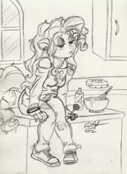 Size: 1065x1454 | Tagged: safe, artist:baikobits, artist:cskairi, derpibooru import, pinkie pie, anthro, plantigrade anthro, clothes, converse, cooking, shoes, sketch, solo, traditional art