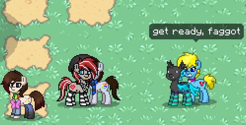 Size: 998x508 | Tagged: safe, artist:slimshady25, derpibooru import, oc, oc:abby, oc:pin, oc:slim, unofficial characters only, changeling, pony town, changeling oc, clothes, faggot, gritted teeth, imminent rape, imminent sex, pixel art, saddle bag, socks, striped socks, teenager, tongue out, vulgar, you're fucked now