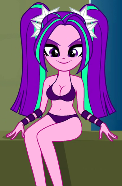 Size: 420x641 | Tagged: suggestive, derpibooru import, edit, edited screencap, editor:ah96, screencap, aria blaze, equestria girls, rainbow rocks, belly button, bra, bracelet, breast edit, breasts, cleavage, clothes, cropped, female, jewelry, panties, pigtails, purple underwear, sexy, smiling, solo, solo female, twintails, underwear, underwear edit