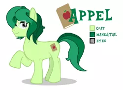 Size: 550x400 | Tagged: safe, artist:kajio, derpibooru import, oc, oc:appel, unofficial characters only, earth pony, pony, commission, cutie mark, explicit source, glasses, gray eyes, green mane, male, profile, reference sheet, show accurate, smiling, solo