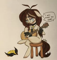 Size: 2405x2522 | Tagged: safe, artist:ameliacostanza, derpibooru import, ponified, earth pony, pony, acoustic guitar, crossed legs, crossover, crying, dog tags, guitar, hurt (song), johnny cash, laura kinney, mask, nine inch nails, sad, singing, solo, song reference, stool, tears of pain, tears of sadness, traditional art, wolverine, x-23