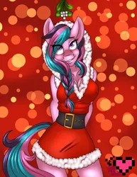 Size: 2975x3850 | Tagged: anthro, artist:ladypixelheart, bokeh, clothes, costume, derpibooru import, mistletoe, oc, oc:sonate, safe, santa costume, solo, unofficial characters only